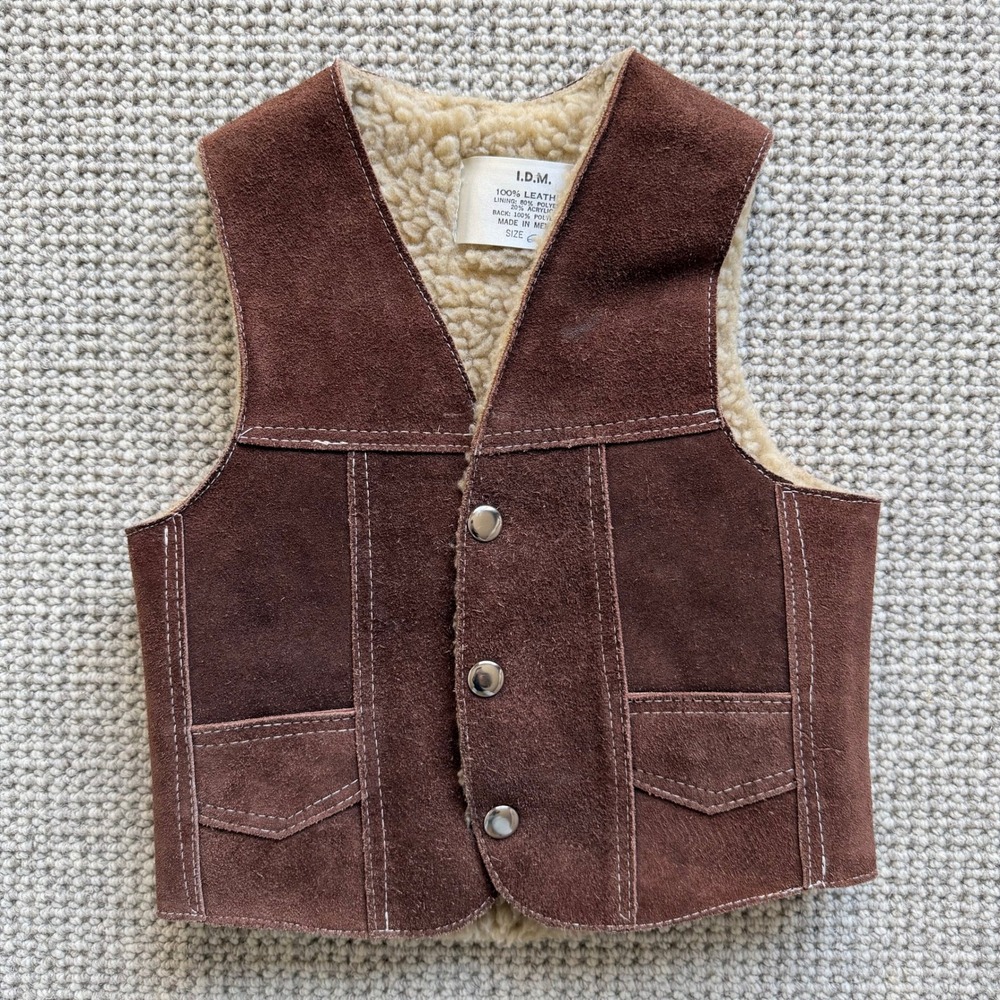 Vintage I.D.M. Kids Brown Suede Leather Faux Shearling Lined Western Vest Size 6